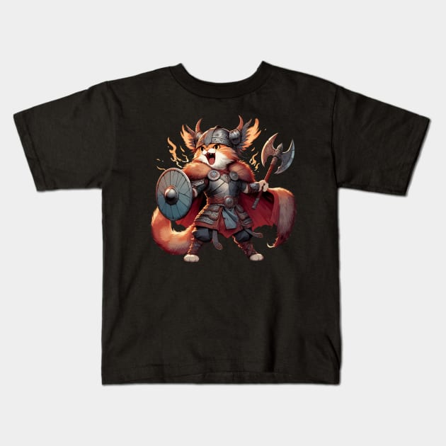 Funny Viking Warrior Cat Norse Mythology Anime Portrait Kids T-Shirt by TomFrontierArt